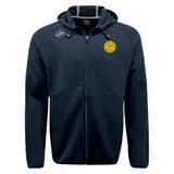 The West Chester University Tempo Vapodri Full-Zip Hoodie by EMB Canterbury is a black hoodie with a hood, yellow circular logo on the left chest, Canterbury branding on the right shoulder, and moisture-wicking fabric for comfort.