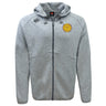 The West Chester University Tempo Vapodri Full-Zip Hoodie by EMB Canterbury features a grey design, moisture-wicking VapoDri fabric, hood, Canterbury logo on the right chest, and a yellow ram's head emblem on the left chest.