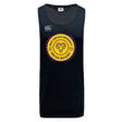 The WRS Canterbury West Chester University Tempo Vapodri Singlet is a black, sleeveless athletic jersey made from recycled polyester, featuring the Men’s Rugby logo in yellow and purple on the front.