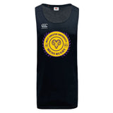 The WRS Canterbury West Chester University Tempo Vapodri Singlet is a black, sleeveless athletic jersey made from recycled polyester, featuring the Men’s Rugby logo in yellow and purple on the front.