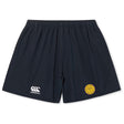 The EMB Canterbury West Chester University Yokohama Short is a black rugby short with an elastic waistband, made from lightweight, durable fabric, featuring the Canterbury logo on the left leg and a yellow emblem on the right.