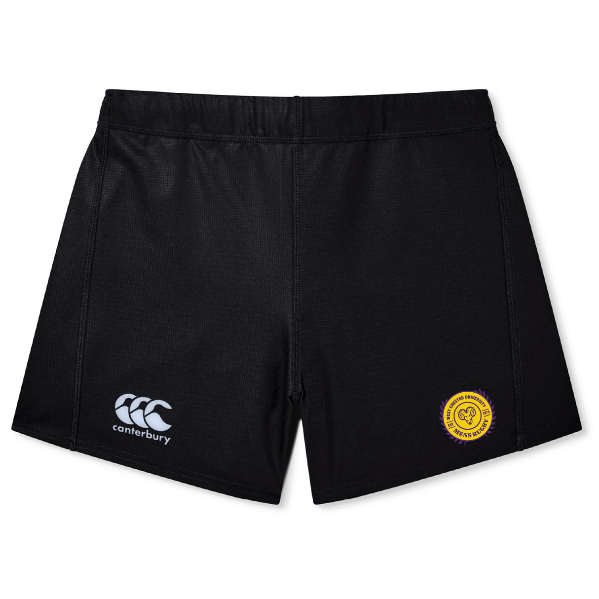 The West Chester University Women's Yokohama Short by EMB Canterbury features a white logo on the left leg and a yellow Yokohama badge on the right, perfect for women's rugby, shown on a plain white background.