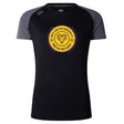 Black and grey short-sleeve lightweight West Chester University Women's Elite Training Tee by WRS Canterbury, featuring a yellow and purple logo on the chest.