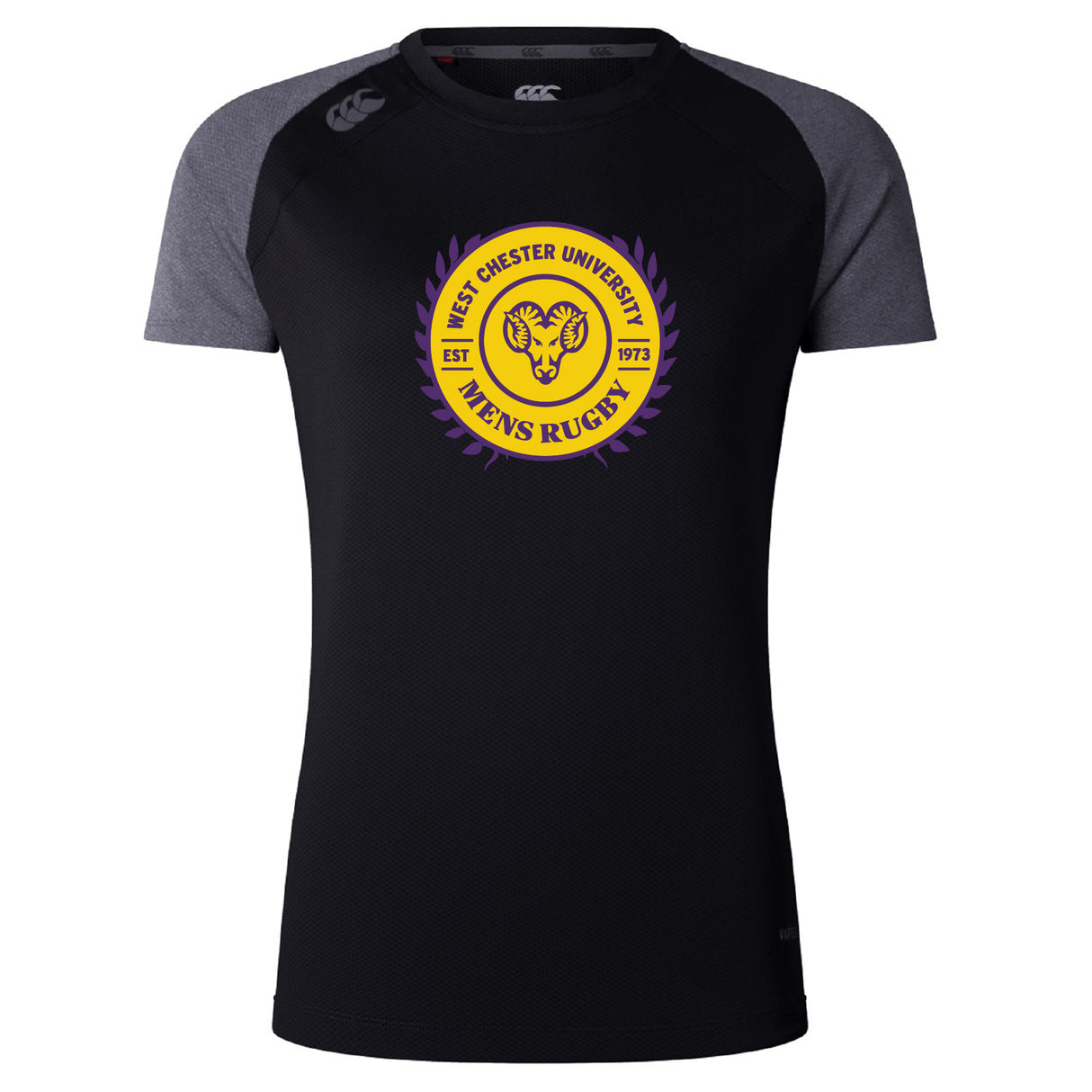 Black and grey short-sleeve lightweight West Chester University Women's Elite Training Tee by WRS Canterbury, featuring a yellow and purple logo on the chest.