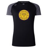 Black and grey short-sleeve lightweight West Chester University Women's Elite Training Tee by WRS Canterbury, featuring a yellow and purple logo on the chest.