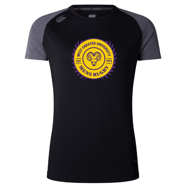 Black and grey short-sleeve lightweight West Chester University Women's Elite Training Tee by WRS Canterbury, featuring a yellow and purple logo on the chest.