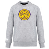 The WRS Canterbury West Chester University Club Crew Sweatshirt is a grey ultra-soft top with the men's rugby logo in yellow and purple on the chest and an embroidered CCC logo on the left sleeve.