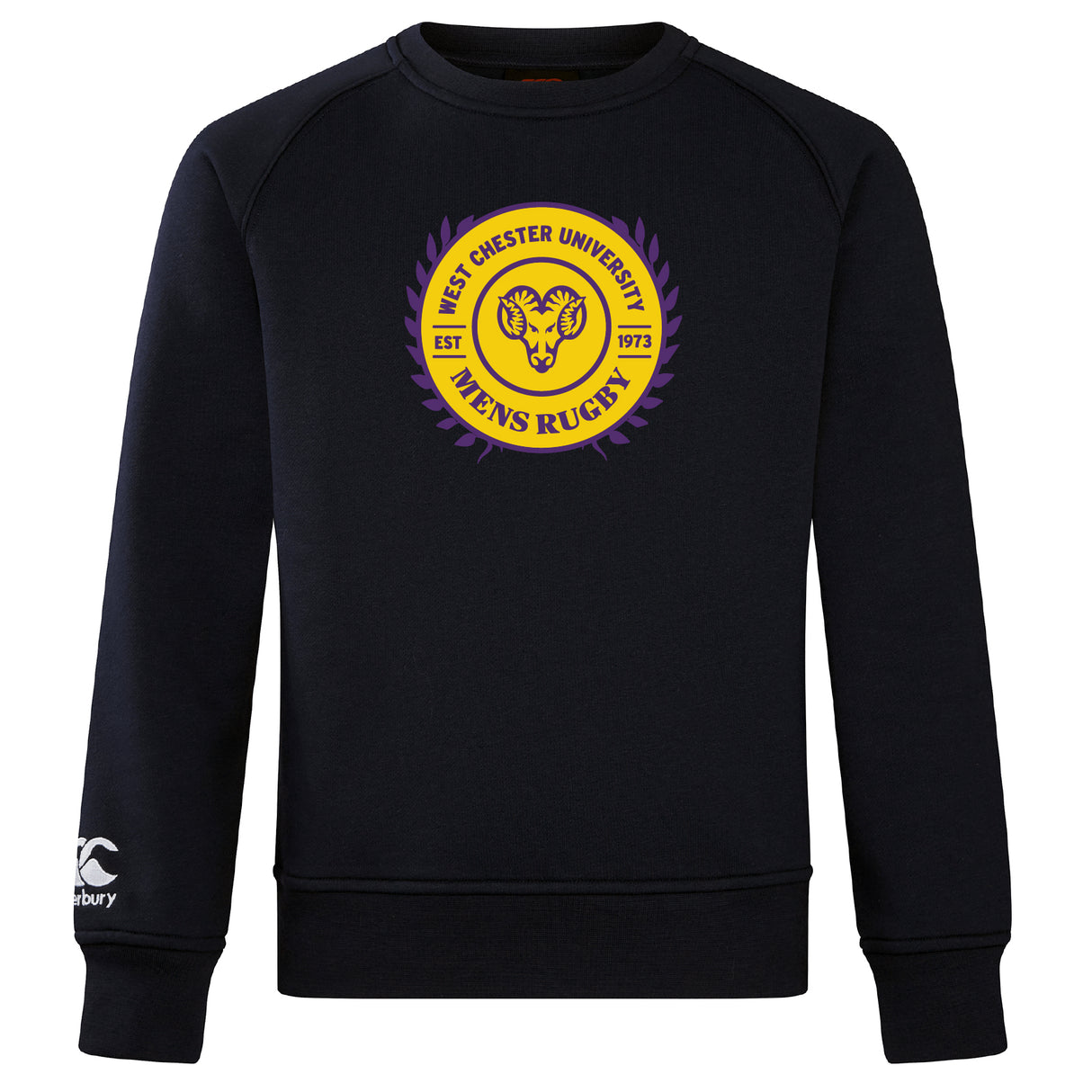The West Chester University Club Crew Sweatshirt by Canterbury features the men's rugby logo in yellow and purple on the chest, with an embroidered CCC logo on the left sleeve. Brand: WRS Canterbury.