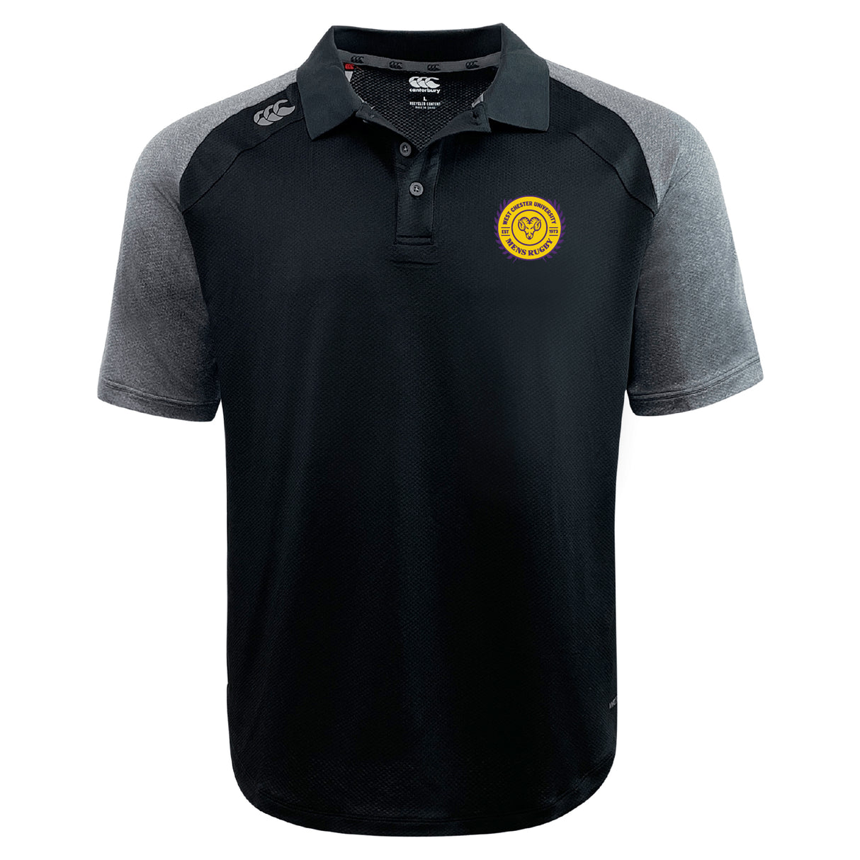 The West Chester University Elite Polo by EMB Canterbury features black and grey short sleeves, lightweight Vapodri fabric, a yellow circular left chest logo, and brand logos on the shoulders.