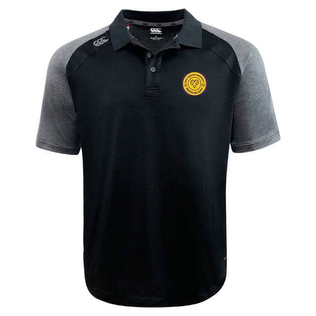 The West Chester University Elite Polo by EMB Canterbury features black and grey short sleeves, lightweight Vapodri fabric, a yellow circular left chest logo, and brand logos on the shoulders.
