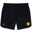 The West Chester University Women’s Elite Woven Short by EMB Canterbury is a pair of plain black gym shorts with zippered pockets, a small yellow circular logo on the right leg, and a gray “CCC” logo on the left.
