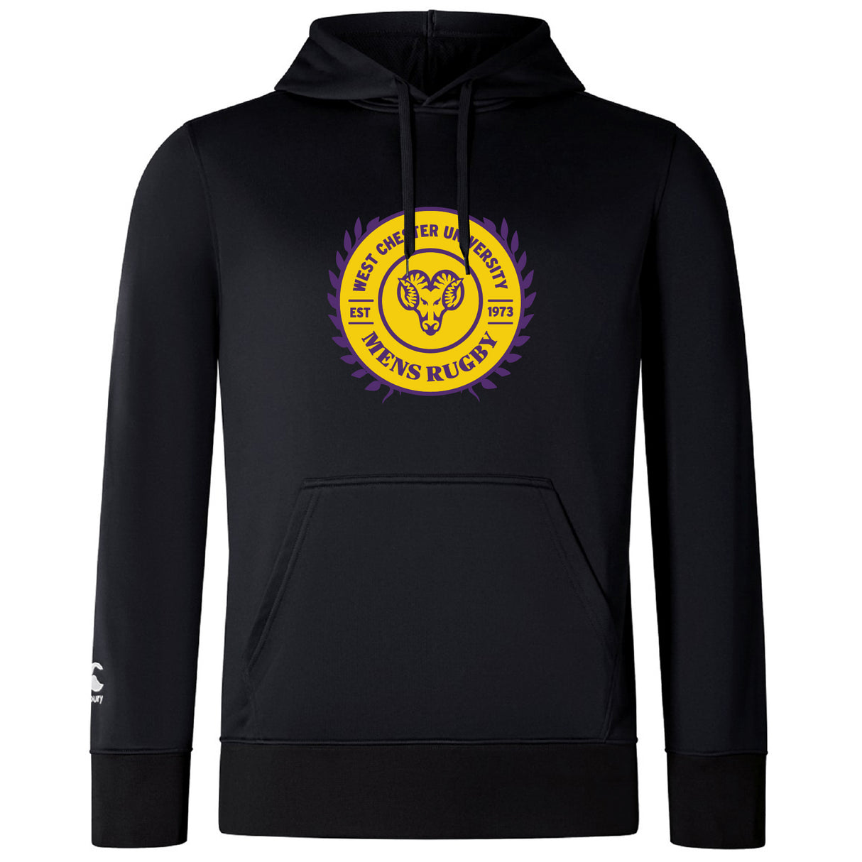 The West Chester University Club Lightweight Hoodie by Canterbury showcases the Men's Rugby logo in yellow and purple on the chest, features a classic kangaroo pocket, and is made by WRS Canterbury.
