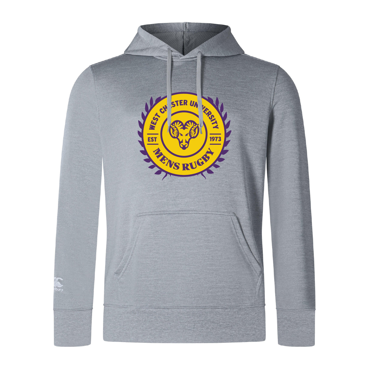 The West Chester University Club Lightweight Hoodie by WRS Canterbury features a yellow and purple "West Chester University Men's Rugby" logo, bold ram graphic, and classic kangaroo pocket for comfort and style in light gray.