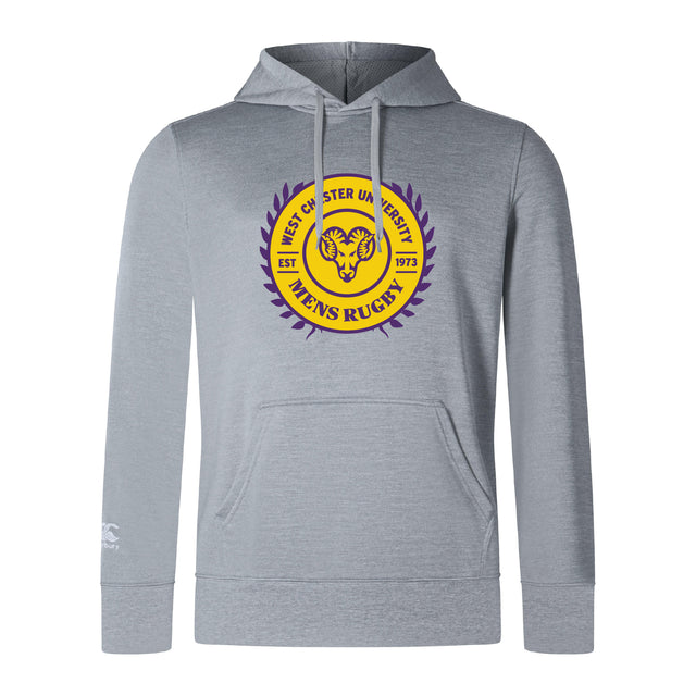 The West Chester University Club Lightweight Hoodie by WRS Canterbury features a yellow and purple "West Chester University Men's Rugby" logo, bold ram graphic, and classic kangaroo pocket for comfort and style in light gray.