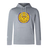 The West Chester University Club Lightweight Hoodie by WRS Canterbury features a yellow and purple "West Chester University Men's Rugby" logo, bold ram graphic, and classic kangaroo pocket for comfort and style in light gray.