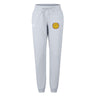 The EMB Canterbury West Chester University Women's Leisure Sweatpant features a drawstring waist, cuffed ankles, and a yellow circular emblem on the left thigh for comfort and style.