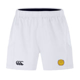 The West Chester University Advantage Short 2.0 by EMB Canterbury features an elastic waistband, black Canterbury logo on the left leg, and a yellow circular emblem with a wreath on the right leg.