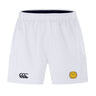 The West Chester University Advantage Short 2.0 by EMB Canterbury features an elastic waistband, black Canterbury logo on the left leg, and a yellow circular emblem with a wreath on the right leg.