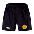 The West Chester University Advantage Short 2.0 by EMB Canterbury features an elastic waistband, white Canterbury logo on the left leg, and a yellow circular rugby club emblem on the right leg.