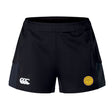 The West Chester University Women's Advantage Short 2.0 by EMB Canterbury features black performance fabric, a white Canterbury logo on the left, and a yellow circular heart badge—ideal sustainable athletic shorts for an active lifestyle.