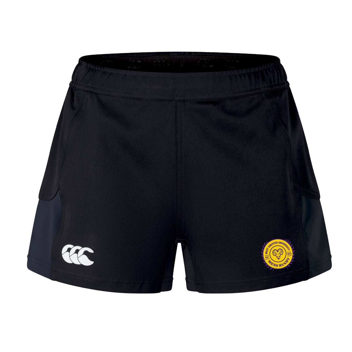 The West Chester University Women's Advantage Short 2.0 by EMB Canterbury features black performance fabric, a white Canterbury logo on the left, and a yellow circular heart badge—ideal sustainable athletic shorts for an active lifestyle.