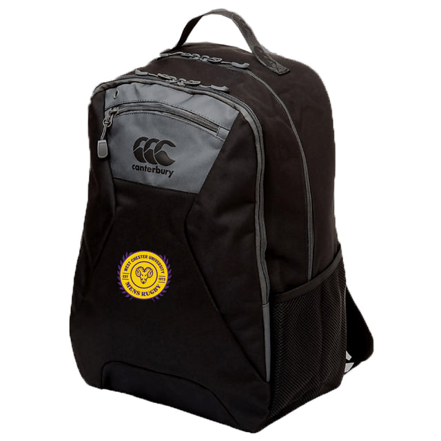 A black West Chester University Medium Backpack by EMB Canterbury features gray accents, front and top zippers, a side mesh pocket, and a water repellent finish—great for athletic gear.