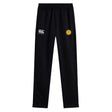 The West Chester University Stretch Tapered Pant by EMB Canterbury features an elastic waistband, Canterbury logo on the left, and a yellow circular emblem on the right thigh—ideal men's workout pants with quick-dry comfort.