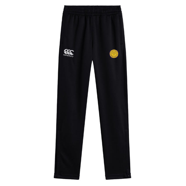 The West Chester University Stretch Tapered Pant by EMB Canterbury features an elastic waistband, Canterbury logo on the left, and a yellow circular emblem on the right thigh—ideal men's workout pants with quick-dry comfort.