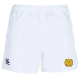 The West Chester University Advantage Rugby Shorts by EMB Canterbury feature moisture-wicking fabric to keep you cool, with a black Canterbury logo on the left and a yellow shield emblem on the right.