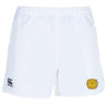 The West Chester University Advantage Rugby Shorts by EMB Canterbury feature moisture-wicking fabric to keep you cool, with a black Canterbury logo on the left and a yellow shield emblem on the right.