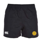 The West Chester University Advantage Rugby Shorts by EMB Canterbury feature an elastic waistband, Canterbury logo on the left leg, yellow circular badge on the right, and moisture-wicking fabric for comfort on and off the field.