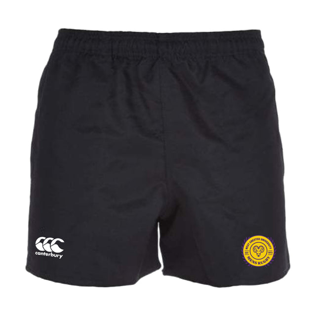 The West Chester University Advantage Rugby Shorts by EMB Canterbury feature an elastic waistband, Canterbury logo on the left leg, yellow circular badge on the right, and moisture-wicking fabric for comfort on and off the field.