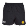 The West Chester University Advantage Rugby Shorts by EMB Canterbury feature an elastic waistband, Canterbury logo on the left leg, yellow circular badge on the right, and moisture-wicking fabric for comfort on and off the field.