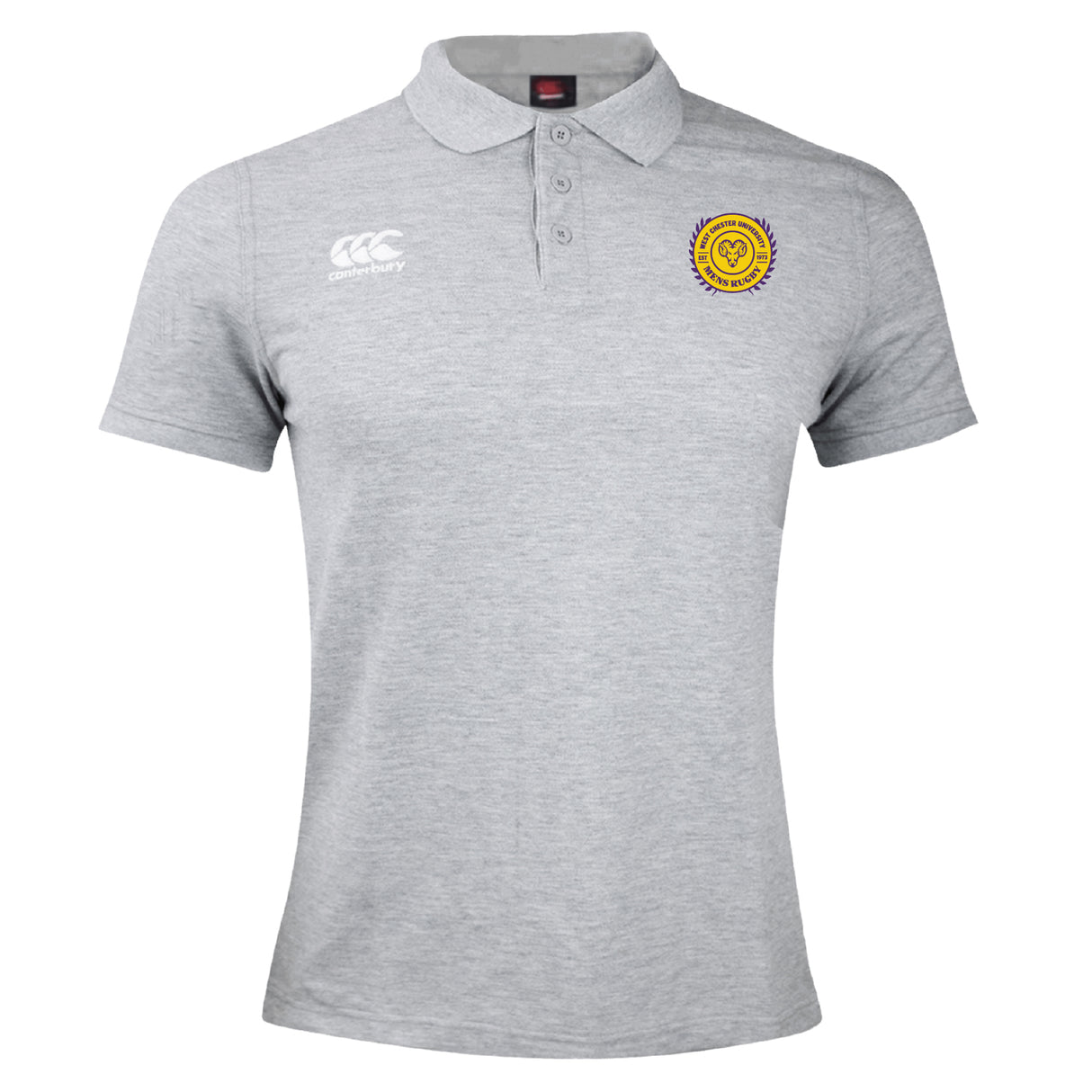 The West Chester University Waimak Polo by EMB Canterbury is a light grey men's polo with a white Canterbury logo on the right chest and a yellow, blue, and red embroidered crest on the left chest.