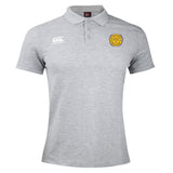The West Chester University Waimak Polo by EMB Canterbury is a light grey men's polo with a white Canterbury logo on the right chest and a yellow, blue, and red embroidered crest on the left chest.