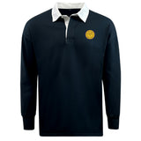 The EMB Mudoo West Chester University Classic Long Sleeve Solid Rugby Jersey features a navy blue design, white collar, long sleeves, and a yellow circular embroidered logo on the left chest.