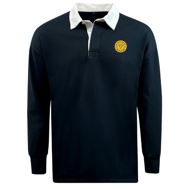 The EMB Mudoo West Chester University Classic Long Sleeve Solid Rugby Jersey features a navy blue design, white collar, long sleeves, and a yellow circular embroidered logo on the left chest.