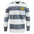 The EMB Mudoo West Chester University Classic Long Sleeve Hooped Rugby Jersey features wide gray and white stripes, a yellow chest logo, and timeless style—perfect for any casual look.