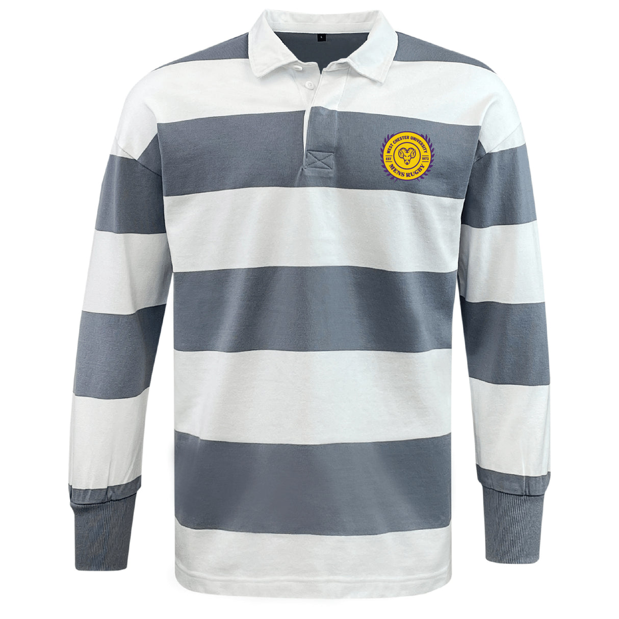 The EMB Mudoo West Chester University Classic Long Sleeve Hooped Rugby Jersey features wide gray and white stripes, a yellow chest logo, and timeless style—perfect for any casual look.