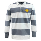 The EMB Mudoo West Chester University Classic Long Sleeve Hooped Rugby Jersey features wide gray and white stripes, a yellow chest logo, and timeless style—perfect for any casual look.