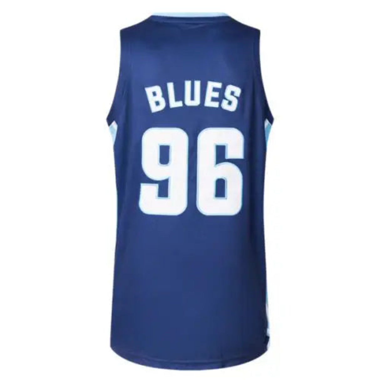 Back view of the Blues Super Rugby 25/26 Supporters Basketball Singlet by Classic Sportswear, featuring "BLUES" and number "96" in white on a blue sleeveless jersey, perfect for any fan.