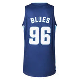 Back view of the Blues Super Rugby 25/26 Supporters Basketball Singlet by Classic Sportswear, featuring "BLUES" and number "96" in white on a blue sleeveless jersey, perfect for any fan.
