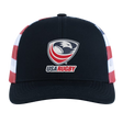 The EMB Augusta USA Rugby Crest Flag Cap is black and white with red and white striped sides, featuring the USA Rugby eagle logo and text on the front.