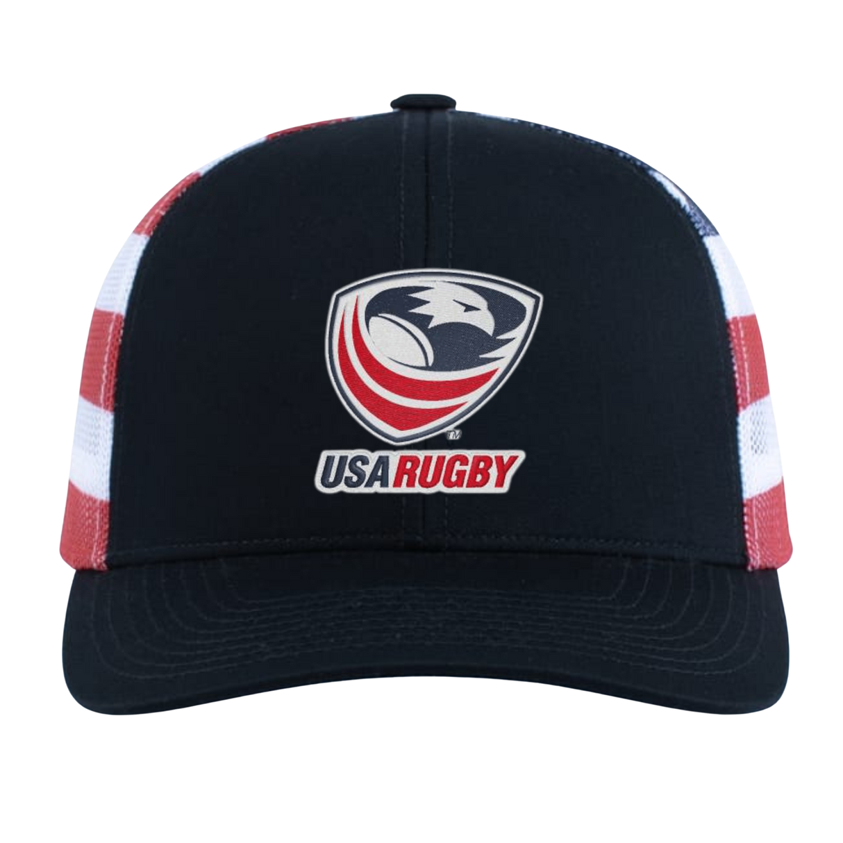 The EMB Augusta USA Rugby Crest Flag Cap is black and white with red and white striped sides, featuring the USA Rugby eagle logo and text on the front.