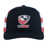 The EMB Augusta USA Rugby Crest Flag Cap is black and white with red and white striped sides, featuring the USA Rugby eagle logo and text on the front.