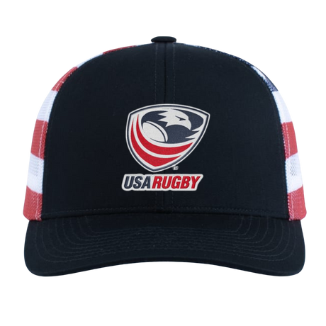 The EMB Augusta USA Rugby Crest Flag Cap is black and white with red and white striped sides, featuring the USA Rugby eagle logo and text on the front.