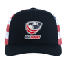 The EMB Augusta USA Rugby Crest Flag Cap is black and white with red and white striped sides, featuring the USA Rugby eagle logo and text on the front.