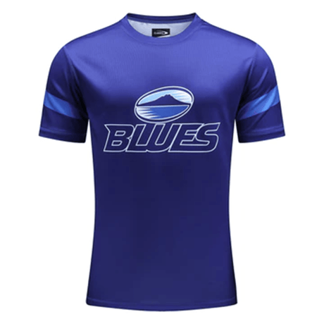 A blue Blues Super Rugby 2024 Supporters Tee with the words blues on it, perfect for Super Rugby supporters in New Zealand, made by Classic Sportswear.
