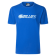 The Blues Super Rugby 25/26 Supporters Cotton Tee by Classic Sportswear is a blue cotton tee with "BLUES" and a white wave graphic on the front, perfect for any Blues Rugby supporters.