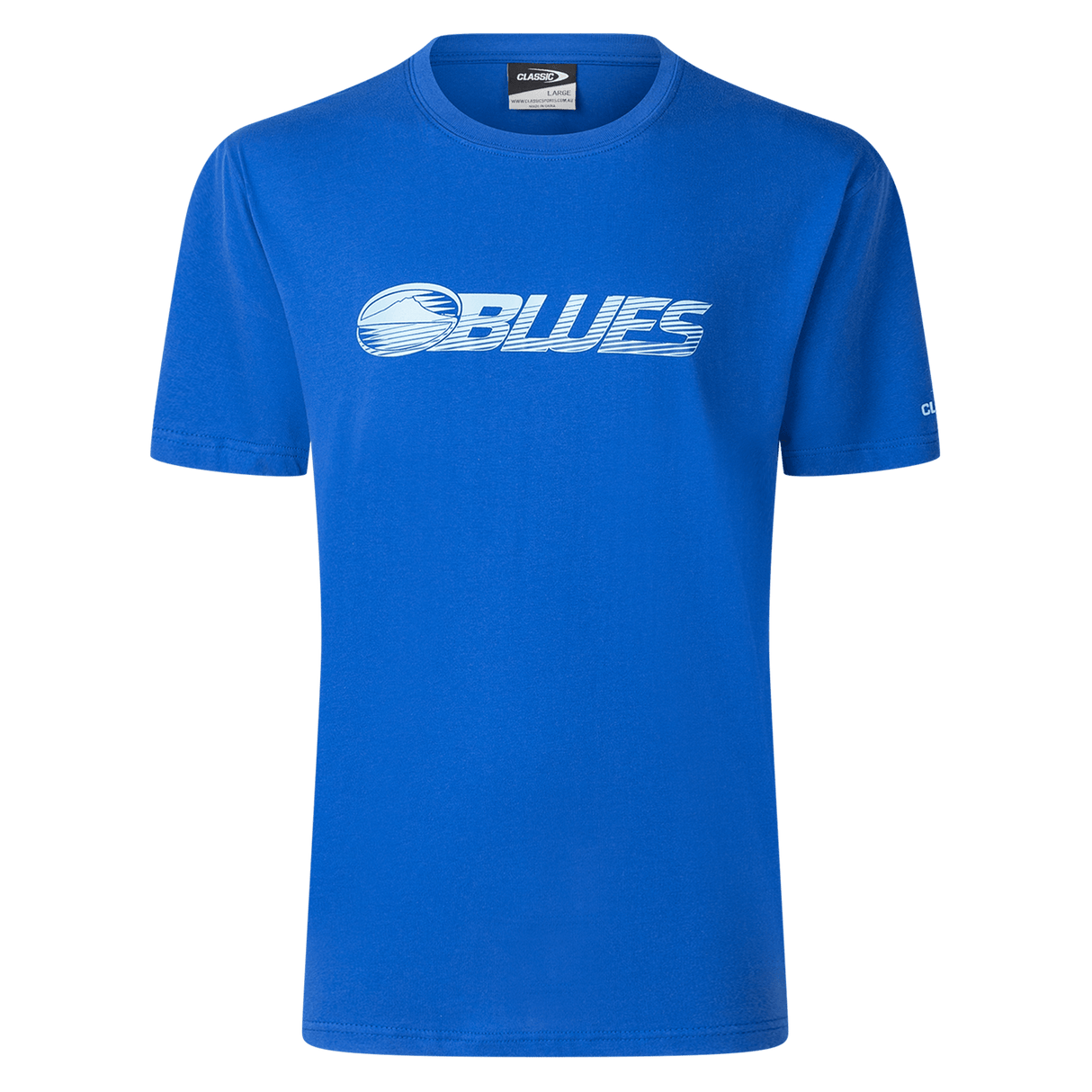 The Blues Super Rugby 25/26 Supporters Cotton Tee by Classic Sportswear is a blue cotton tee with "BLUES" and a white wave graphic on the front, perfect for any Blues Rugby supporters.